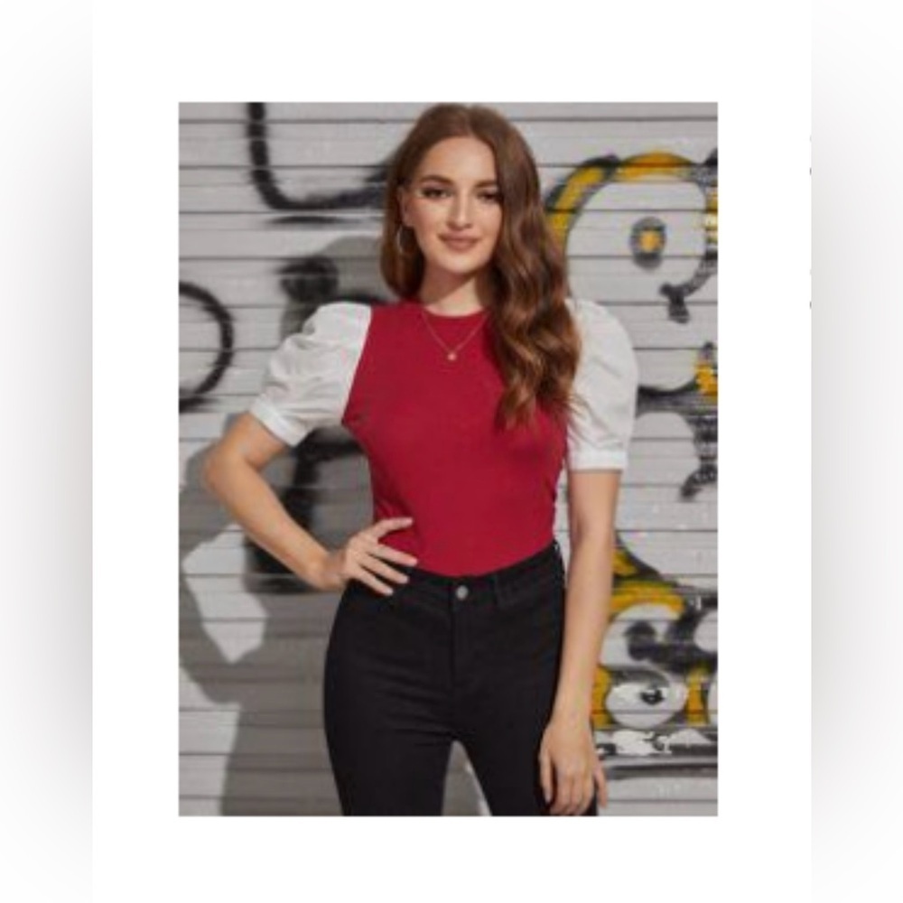SHEIN Puff Sleeve Form Fitting Knitted Tee